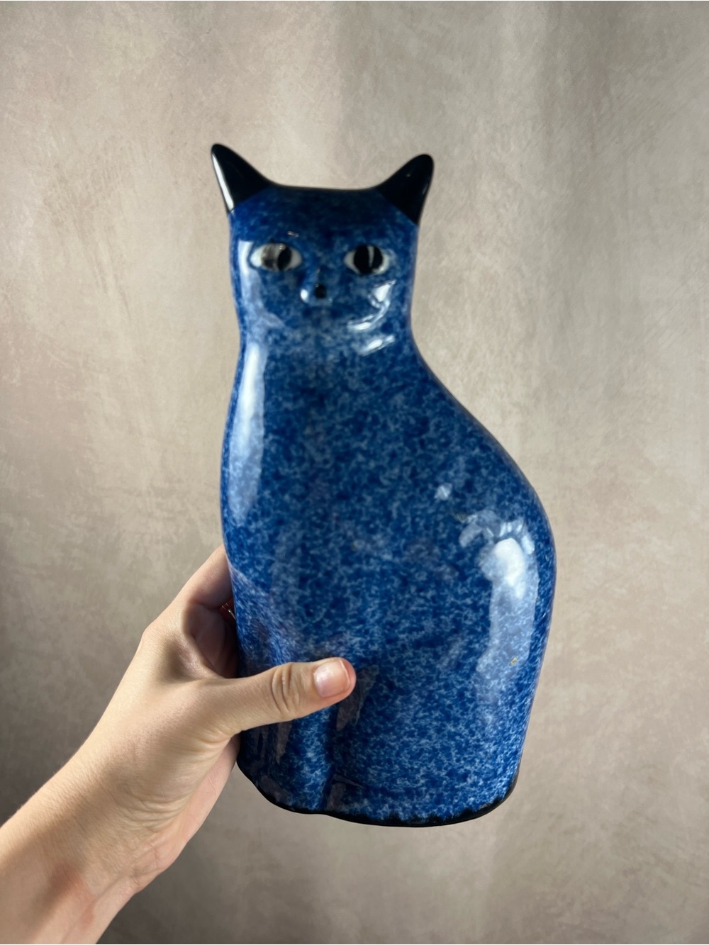 Vintage Cobalt Blue Speckled Ceramic Cat Figurine Decor
